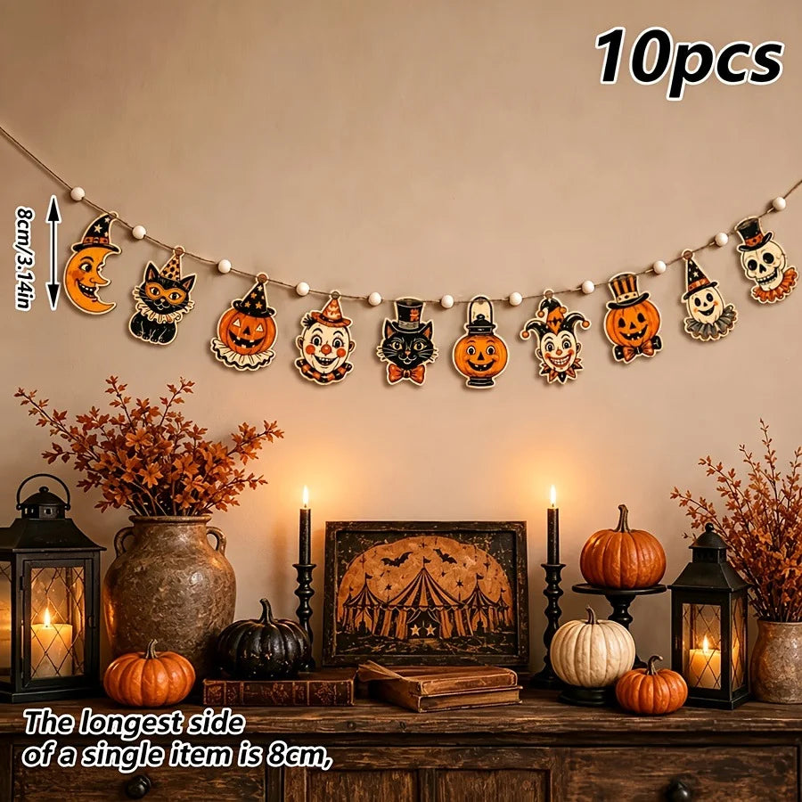 10 vintage Halloween wooden banners featuring wreaths, pumpkins, moons, ghosts, and wooden flags are cute and mysterious autumn party decorations, suitable for party decor, door decoration, window decoration, and festive part