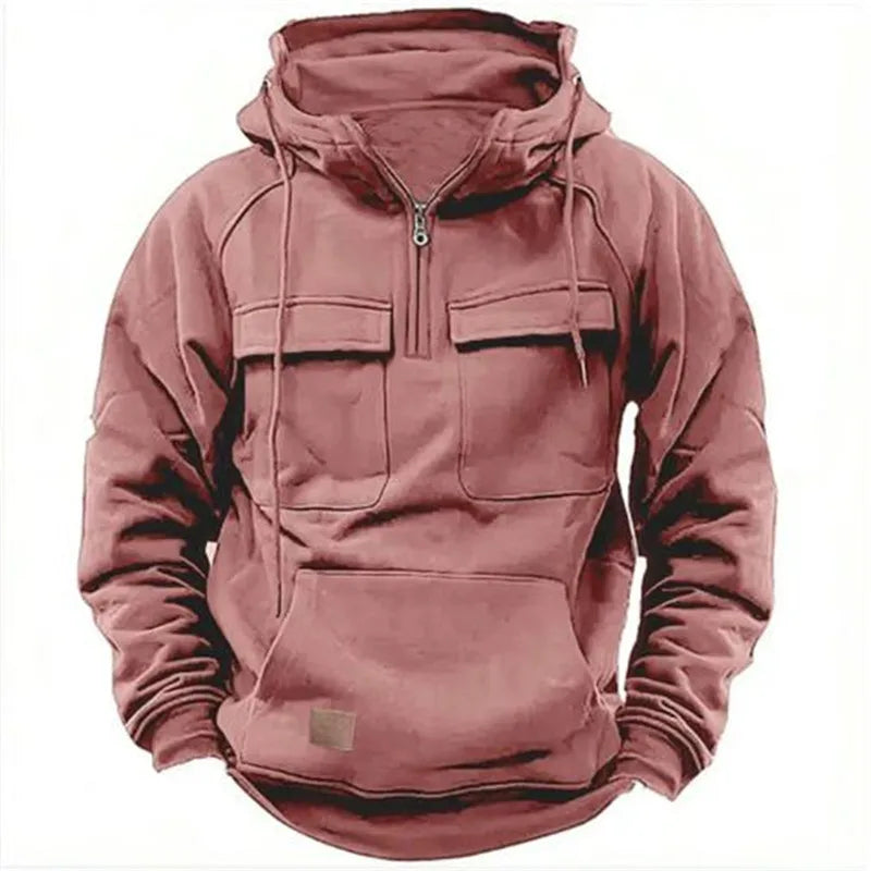 Autumn Winter Hoodies Men half-zip Patchwork Warm Fleece Sweatshirts Multi Pockets Male Fashion casual pullover Outdoor Hoodie
