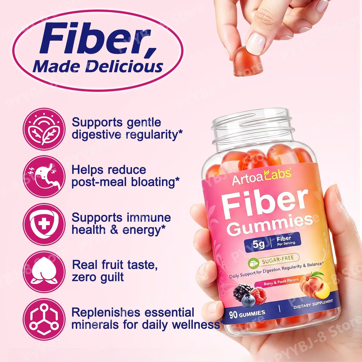 ArtoaLabs Vegan Pectin Fiber Gummies, Sugar-Free, 5g Fiber Per Serving To Support Gut Health & Nutrient Absorption - 90 Gummies