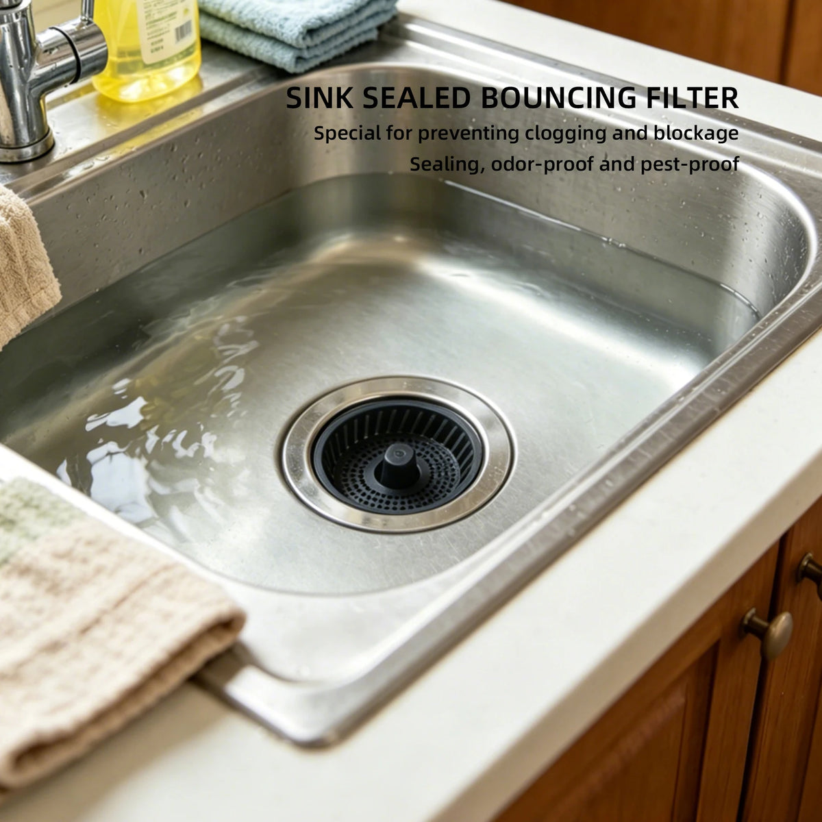 3-In-1 Universal Pop Up Sink Strainer, Premium Odor-Proof Bounce Core, Anti-Clog Food Catcher, Durable Kitchen Drain Stopper