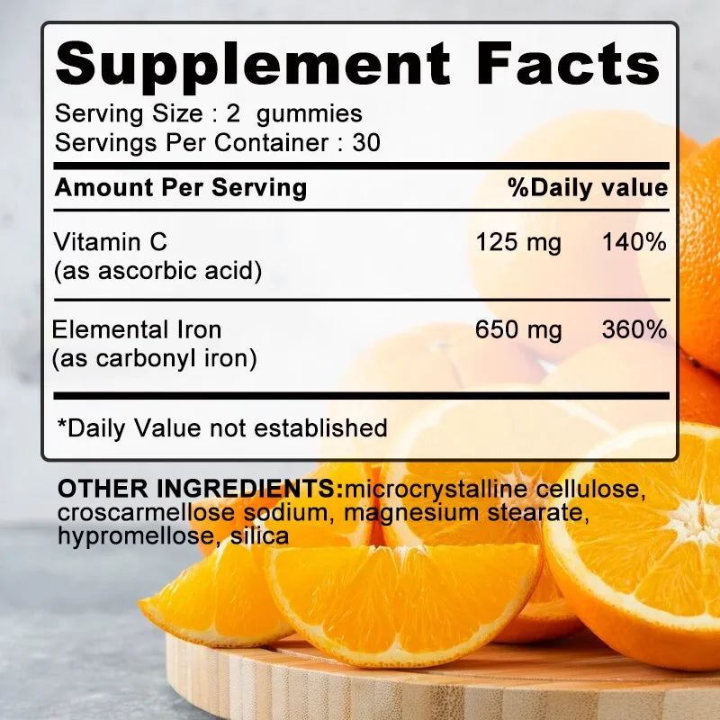 Iron Gummies 650 Mg - Supports Red Blood Cell Production, Promotes Absorption, Relieves Fatigue, Improves Energy, Gluten-free