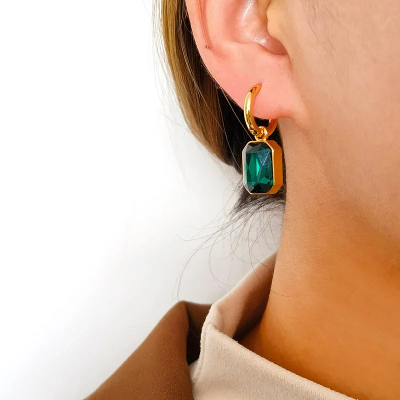 Stainless Steel High Quality Green Geometric Crystal Dangle Earrings for Women Retro Fashion Hoop Emerald Jewelry Accessory Gift