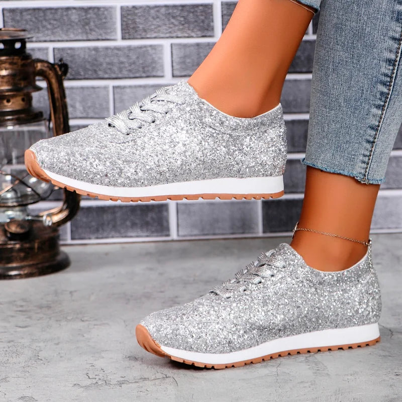 2026 New Lightweight Women's Glitter Sneakers Spring Autumn Lace Up Low Heel Sport Shoes Women Comfort Non Slip Walking Shoes