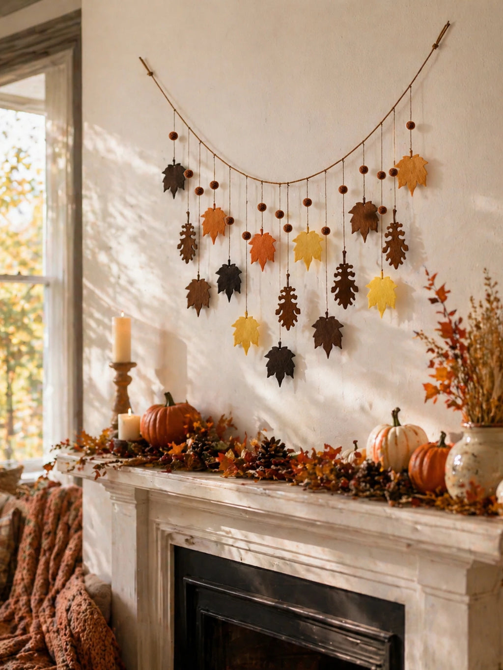 Fall Felt Maple Oak Leaf Garland Pom Banner Thanksgiving Harvest Fireplace Window Farmhouse Home Wall Hanging Party Decor