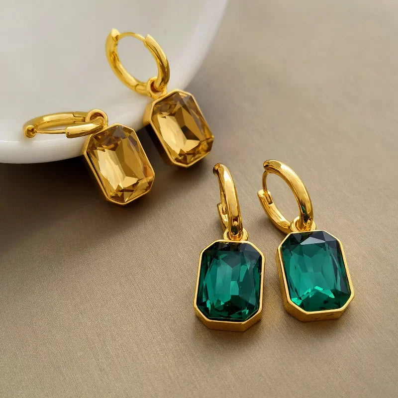 Stainless Steel High Quality Green Geometric Crystal Dangle Earrings for Women Retro Fashion Hoop Emerald Jewelry Accessory Gift