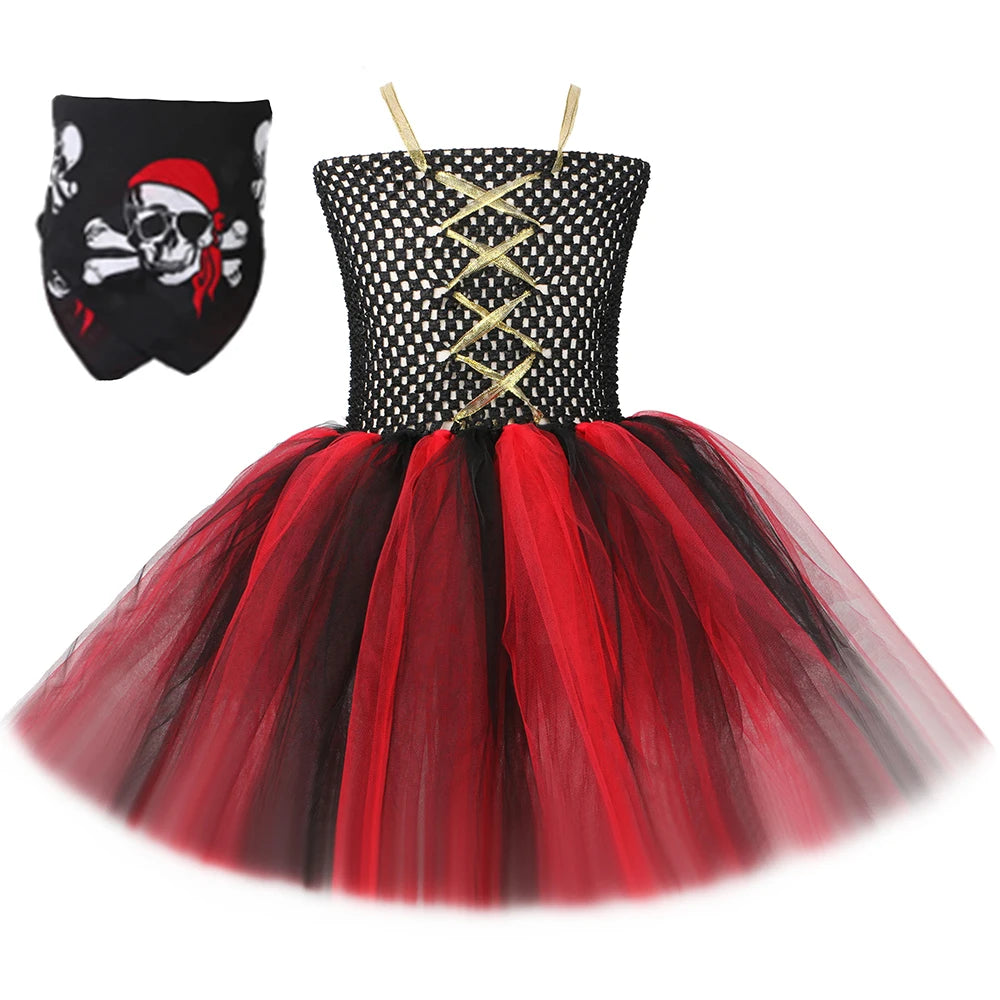 Girls Pirate Costume Kids Halloween Carnival Party Dress Up Clothes Black Red Toddler Girls Pirates Tulle Princess Tutu Dress