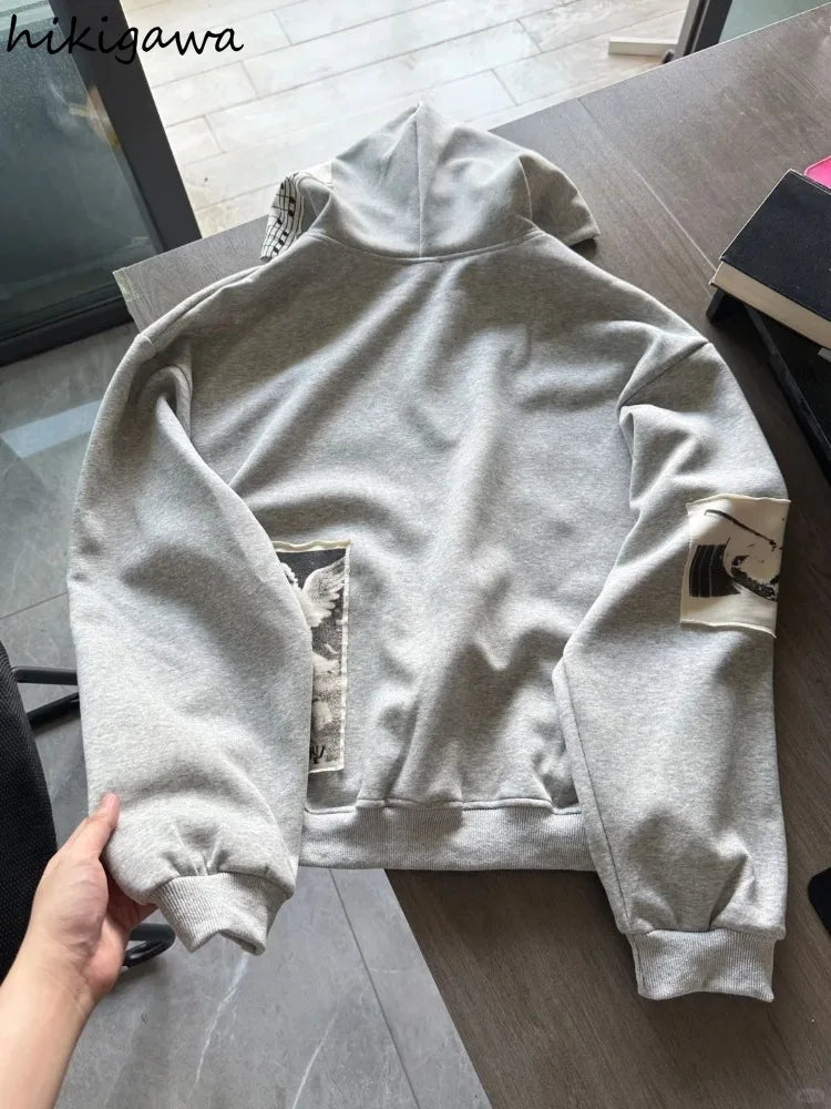 Hooded Sweatshirts Women's Clothing Retro Patchwork Portrait Print Jackets Y2k Tops 2025 Ropa Mujer Casual Fashion Hoodies Coats