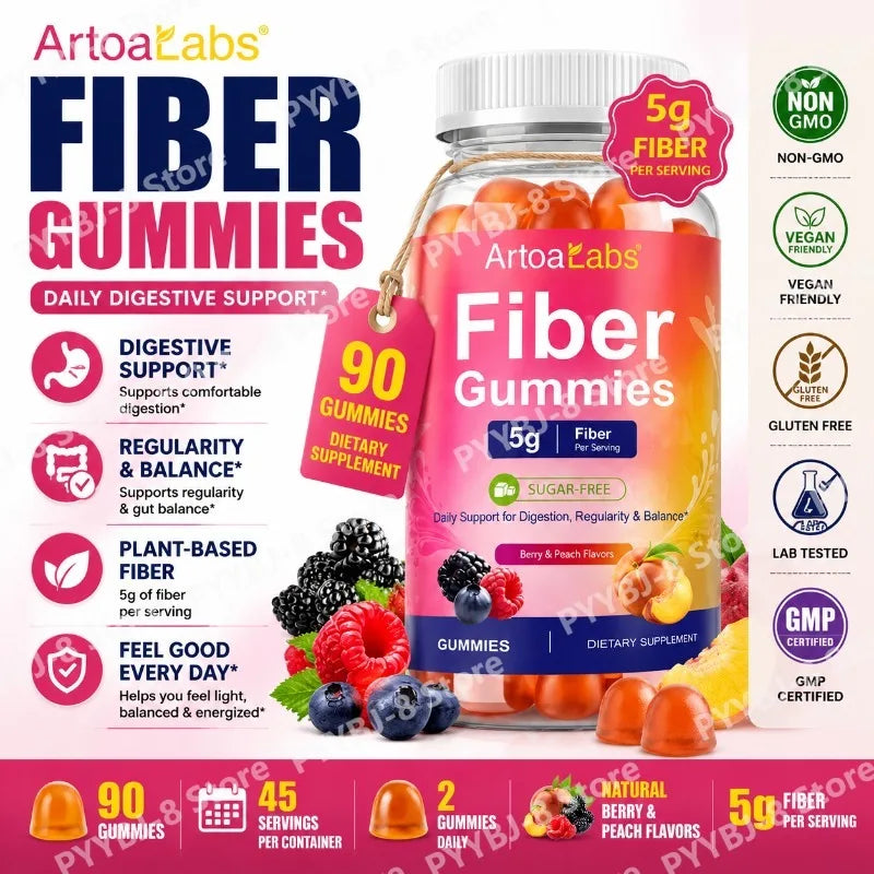 ArtoaLabs Vegan Pectin Fiber Gummies, Sugar-Free, 5g Fiber Per Serving To Support Gut Health & Nutrient Absorption - 90 Gummies