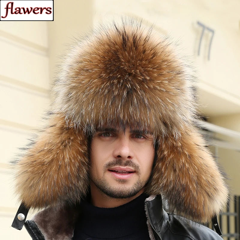 Winter Men's Ushanka Cap Real Silver Fox Fur Hooded Raccoon Fur Trapper Russian Ski Hat Real Leather