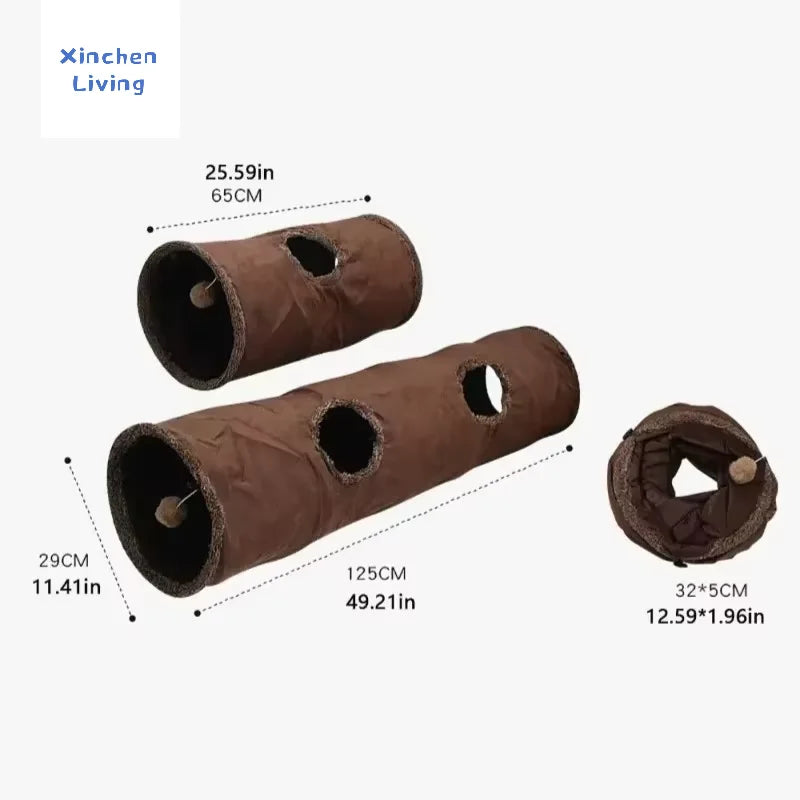 Cat Tunnel Foldable Large Brown Suede Interactive Pet Toy With Peepholes Bubble Ball Indoor Outdoor Collapsible Hot New