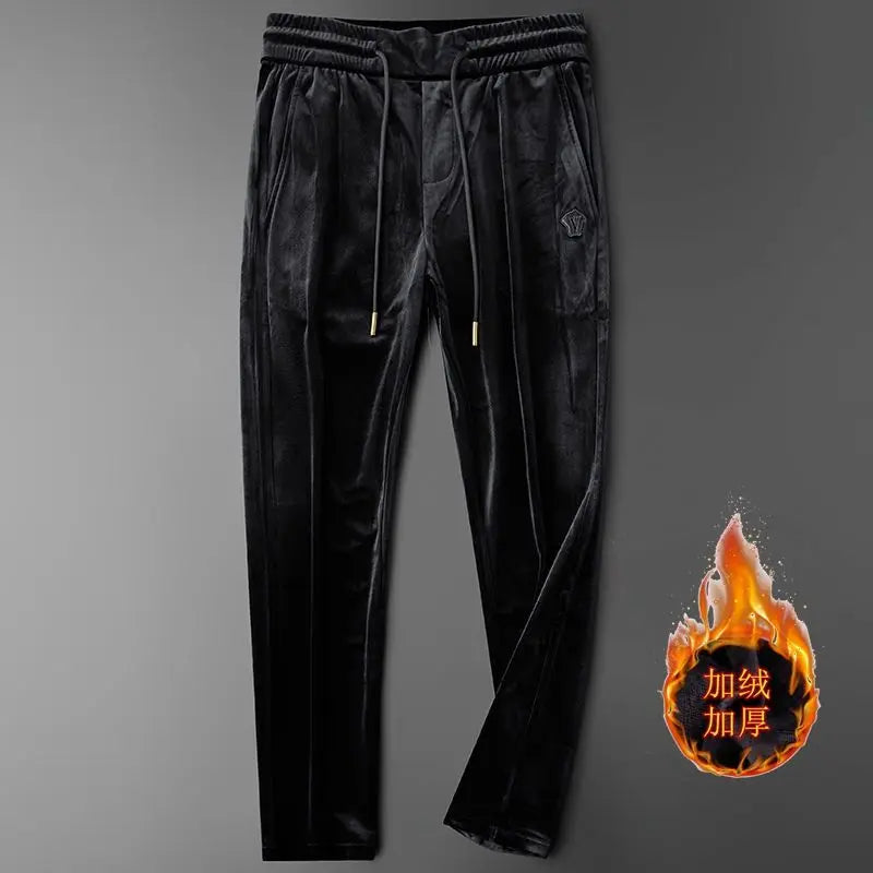 Fashion Autumn Winter Casual Pants Elastic Waistband Thicken Velvet for Men Loose Trousers Embroidery Stylish Gold Velvet Pants