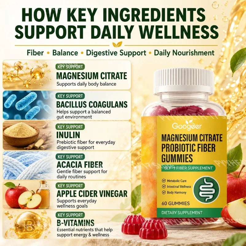 Googeer Magnesium Citrate Probiotic Fiber Gummies for Light and Comfortable After-Meal Feeling and Digestive Rhythm - 60 Gummies