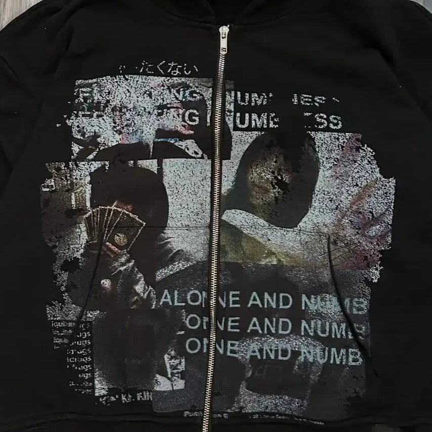 Harajuku Casual Letter Zip Oversized Hoodie Grunge Streetwear Gothic Sweatshirt Hoodies Women Tops Men Clothing Goth Y2k Clothes