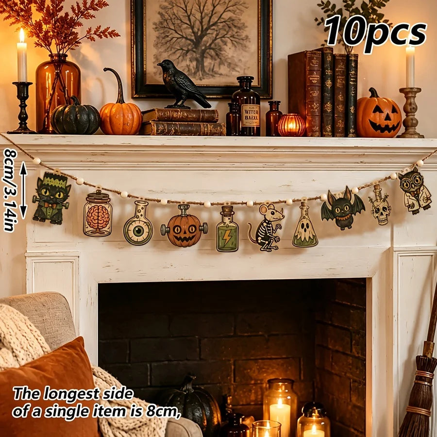 10 vintage Halloween wooden banners featuring wreaths, pumpkins, moons, ghosts, and wooden flags are cute and mysterious autumn party decorations, suitable for party decor, door decoration, window decoration, and festive part