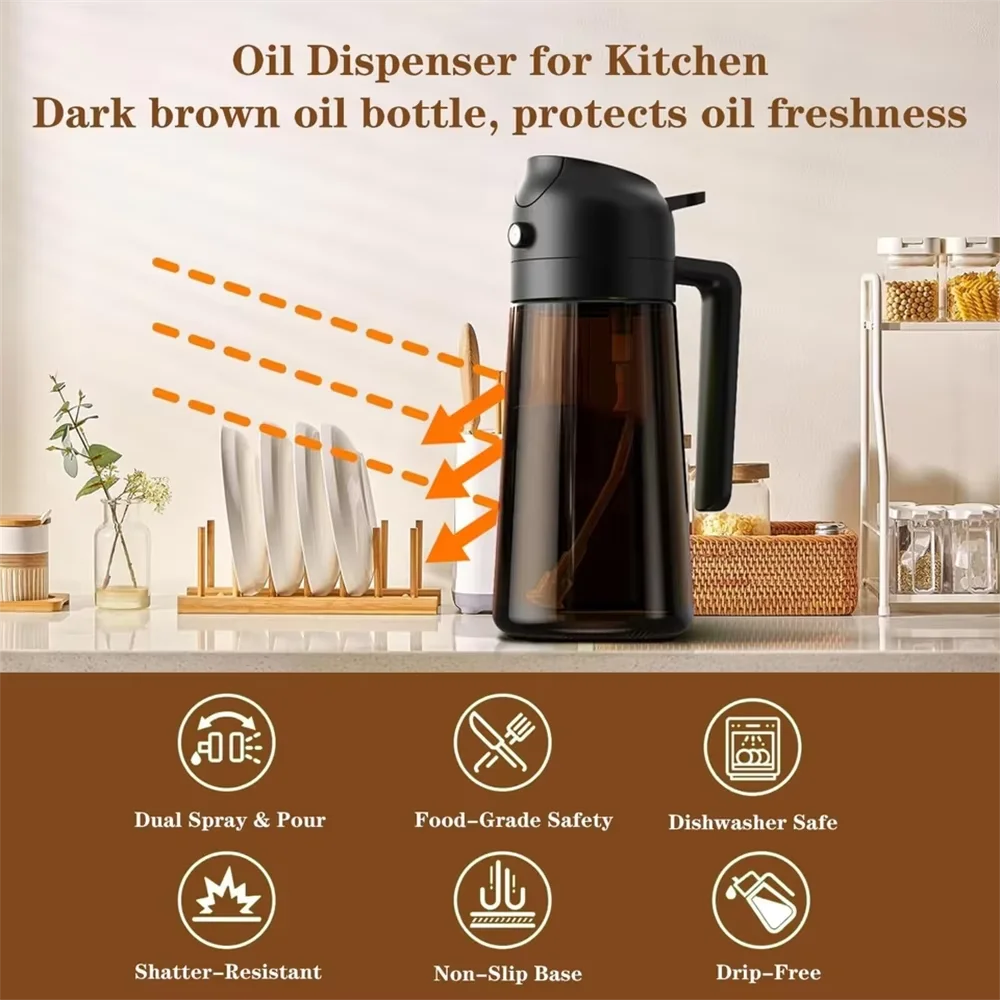 2 In 1 Pour Spray Sprayer Kitchen Glass Oil Kettle 470ml Olive Oil Dispenser Healthy Oil Control Kitchen Gadgets for BBQ
