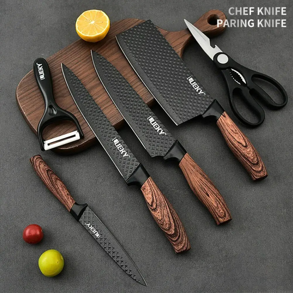 KEPEAK 6pcs Stainless Steel Kitchen Knives Set Tools Forged Knife Scissors Vegetable Peeler Slicer Paring Knife Diamond Pattern