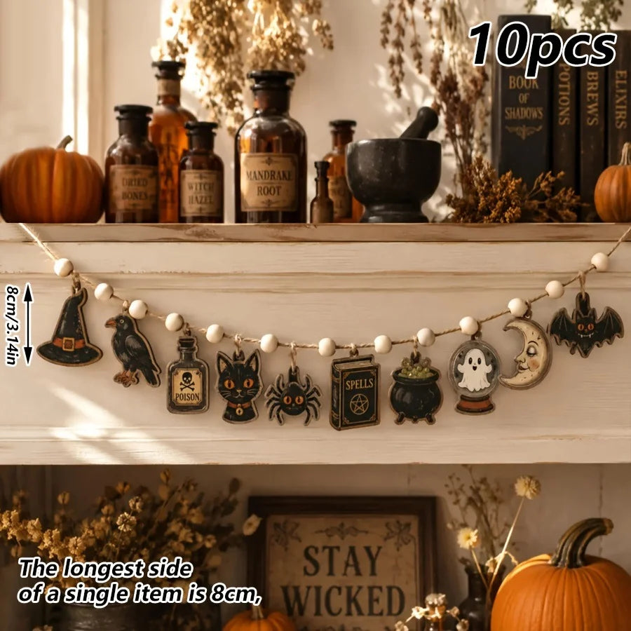 10 vintage Halloween wooden banners featuring wreaths, pumpkins, moons, ghosts, and wooden flags are cute and mysterious autumn party decorations, suitable for party decor, door decoration, window decoration, and festive part