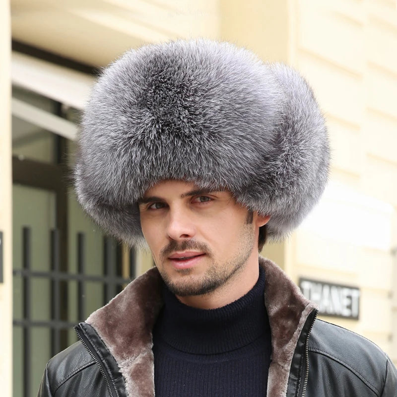 Winter Men's Ushanka Cap Real Silver Fox Fur Hooded Raccoon Fur Trapper Russian Ski Hat Real Leather