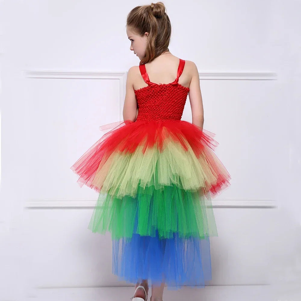 Girls Macaw Parrot Costume for Kids Rainbow Train Bird Tutu Dress Up Clothes Toddler Girl Halloween Party Tulle Princess Dress