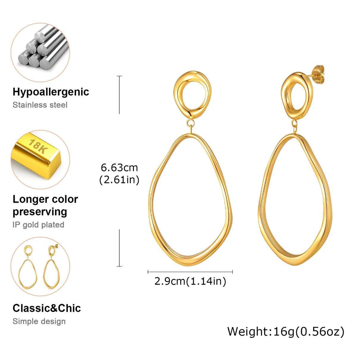 Geometric Irregular Lines Oval Drop Earrings, Minimalist Stainless Steel 18K Gold Plated Earrings,Trendy Party Jewelry for Women