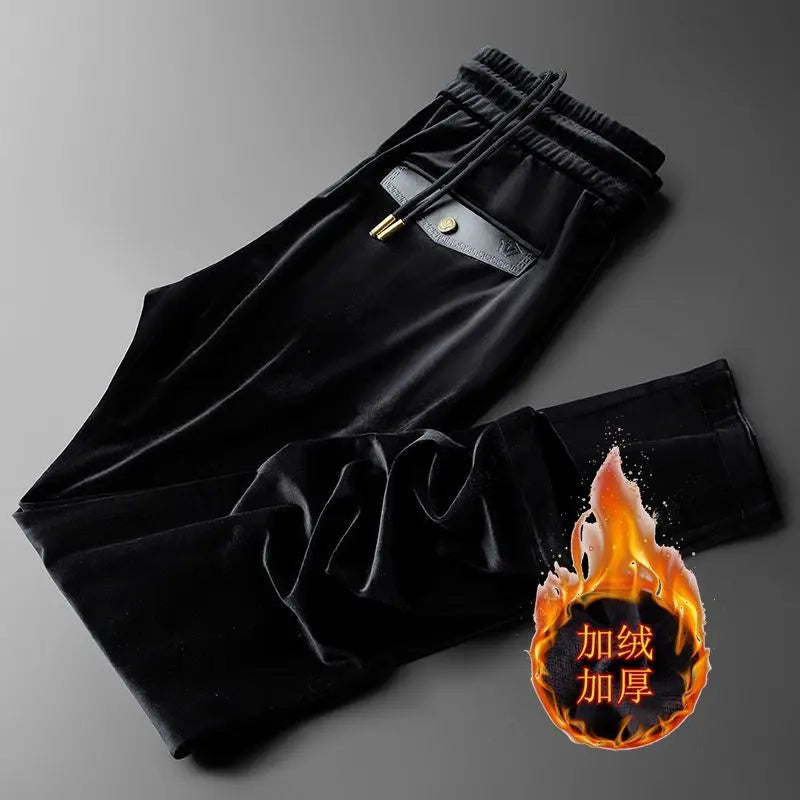 Fashion Autumn Winter Casual Pants Elastic Waistband Thicken Velvet for Men Loose Trousers Embroidery Stylish Gold Velvet Pants