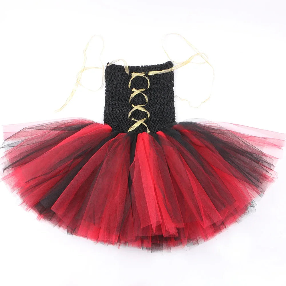 Girls Pirate Costume Kids Halloween Carnival Party Dress Up Clothes Black Red Toddler Girls Pirates Tulle Princess Tutu Dress
