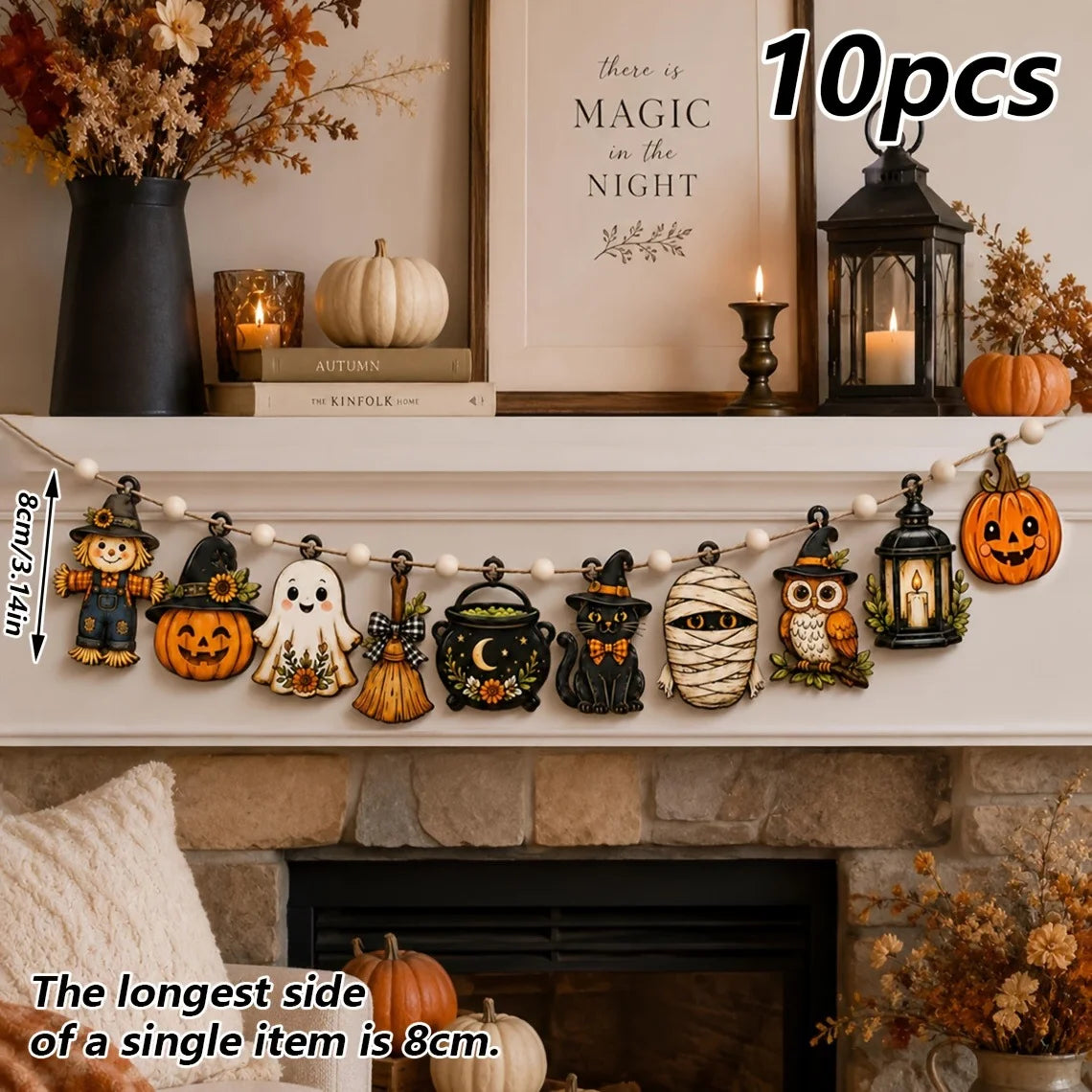 10 vintage Halloween wooden banners featuring wreaths, pumpkins, moons, ghosts, and wooden flags are cute and mysterious autumn party decorations, suitable for party decor, door decoration, window decoration, and festive part
