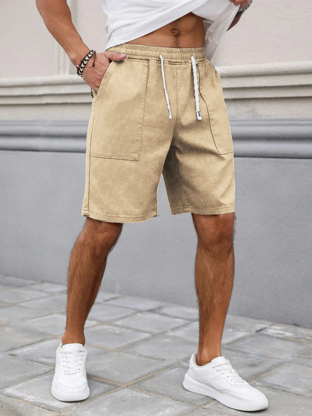Summer Men's Retro American Style Shorts with Drawstring Casual Pants Included Solid Color Trendy Mid-Length Men's Shorts