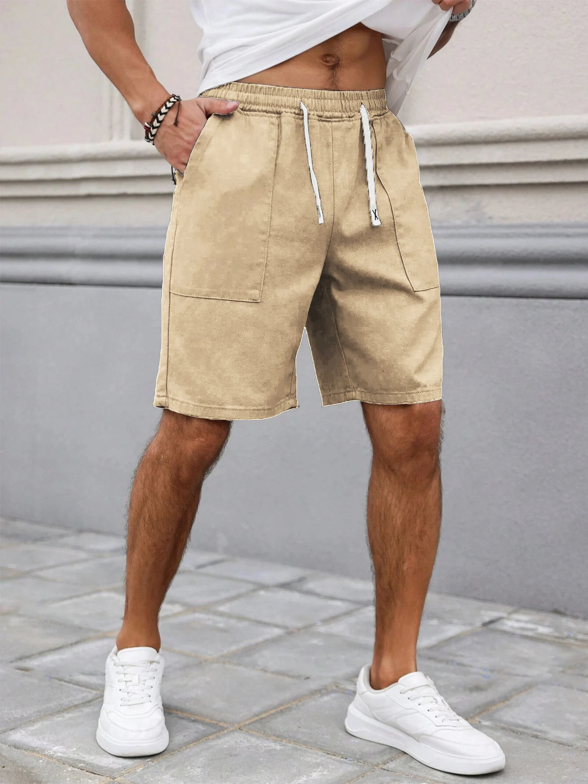 Summer Men's Retro American Style Shorts with Drawstring Casual Pants Included Solid Color Trendy Mid-Length Men's Shorts