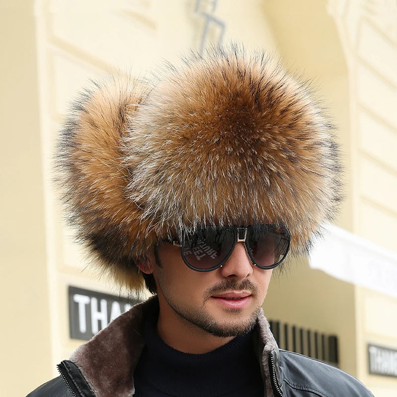 Winter Men's Ushanka Cap Real Silver Fox Fur Hooded Raccoon Fur Trapper Russian Ski Hat Real Leather