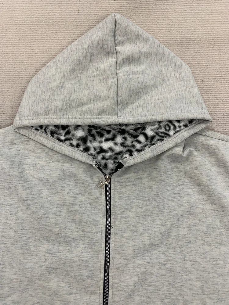 Autumn Winter Leopard Grey Double Sided Zipper Hoodie Men's Casual High Street Warmth Hoodie Men's Autumn Clothing
