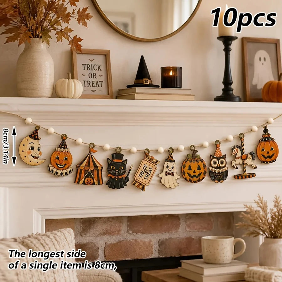 10 vintage Halloween wooden banners featuring wreaths, pumpkins, moons, ghosts, and wooden flags are cute and mysterious autumn party decorations, suitable for party decor, door decoration, window decoration, and festive part
