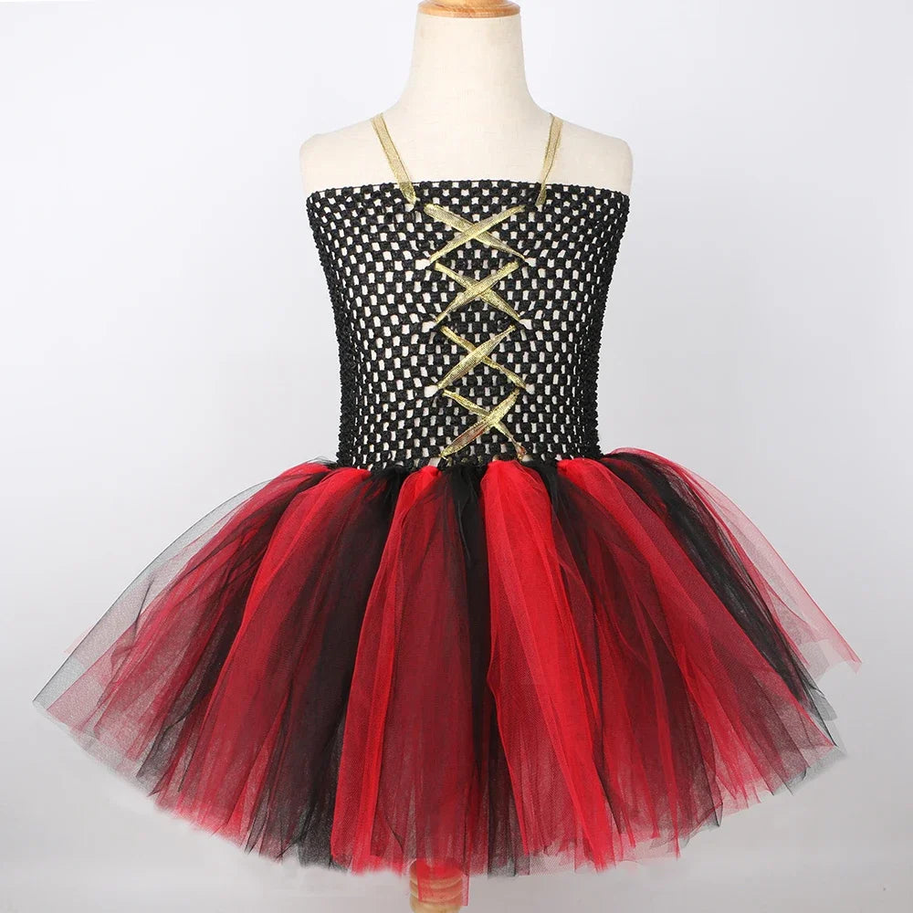 Girls Pirate Costume Kids Halloween Carnival Party Dress Up Clothes Black Red Toddler Girls Pirates Tulle Princess Tutu Dress