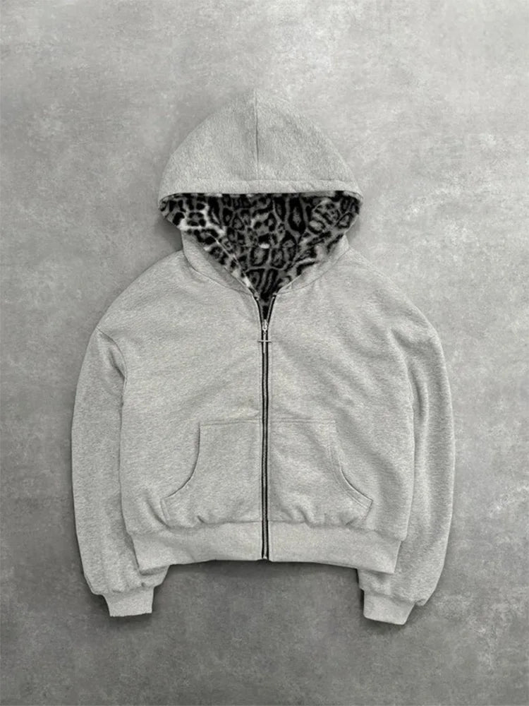 Autumn Winter Leopard Grey Double Sided Zipper Hoodie Men's Casual High Street Warmth Hoodie Men's Autumn Clothing