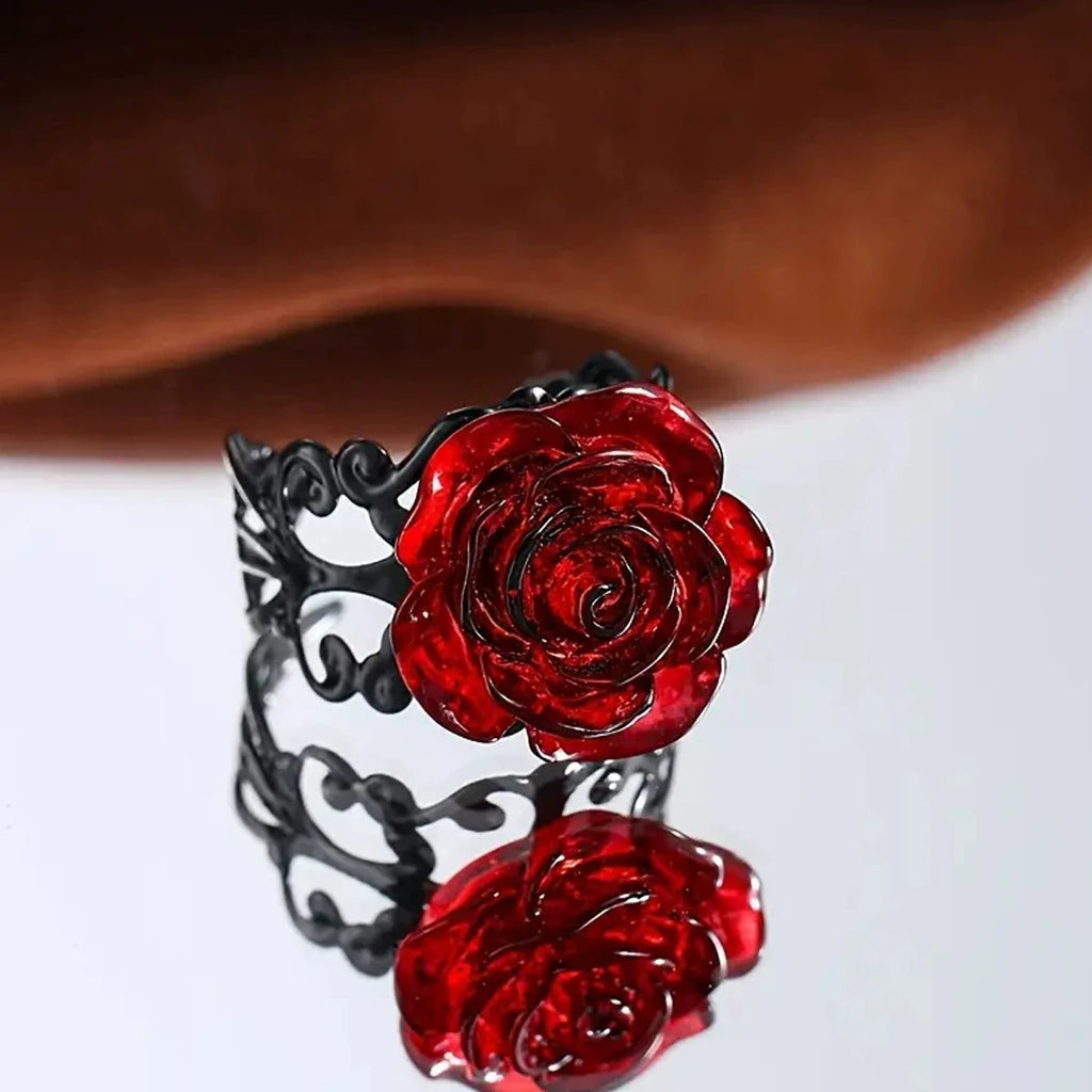 Punk Gothic Red Rose Ring Ornate Black Vine Witch Pagan Vintage Creative Halloween Cool Girl Gift Party Jewelry