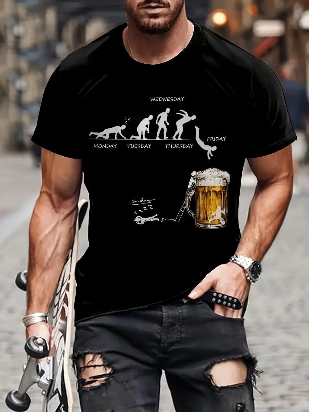 Men's Summer 100 Cotton Fashionable Casual Loose Large Fun Beer Pattern Printed Sports Round Neck Short Sleeve T-shirt Top