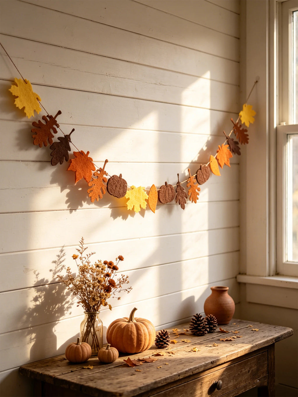 Fall Felt Maple Oak Leaf Garland Pom Banner Thanksgiving Harvest Fireplace Window Farmhouse Home Wall Hanging Party Decor
