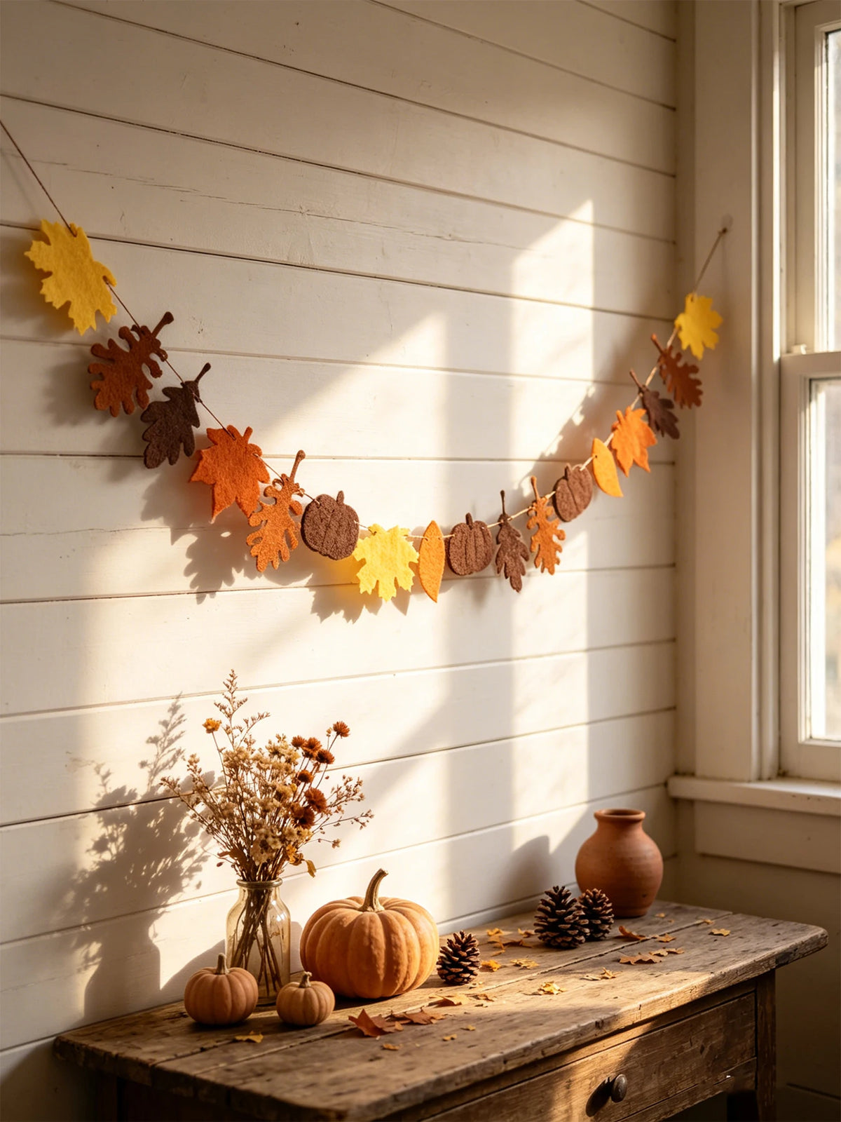 Fall Felt Maple Oak Leaf Garland Pom Banner Thanksgiving Harvest Fireplace Window Farmhouse Home Wall Hanging Party Decor