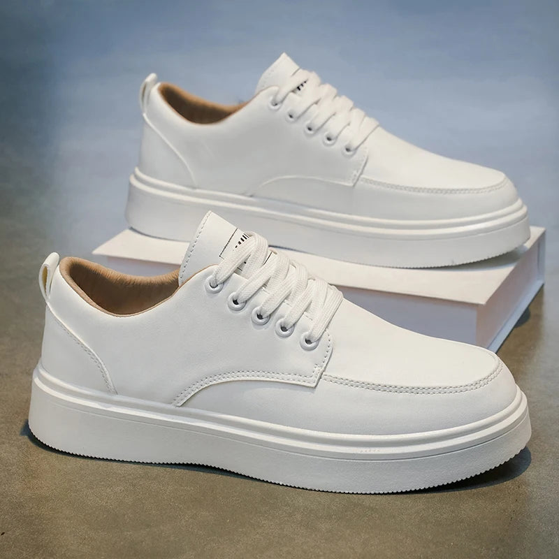 Men's Classic Leather Platform Sneakers - Casual Lace-Up Low-Top Shoes, Comfortable Thick Sole Walking Shoes for Men