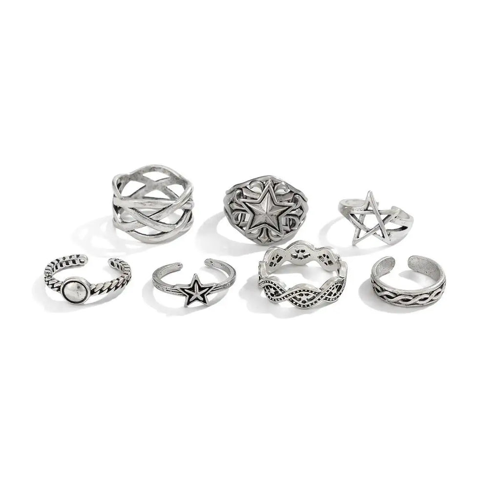 Ingemark 7Pcs/Set Goth Hollow Star Open Rings for Men New Trend Hip Hop Adjustable Finger Rings Grunge Jewelry Steampunk Gift