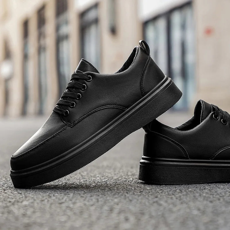 Men's Classic Leather Platform Sneakers - Casual Lace-Up Low-Top Shoes, Comfortable Thick Sole Walking Shoes for Men