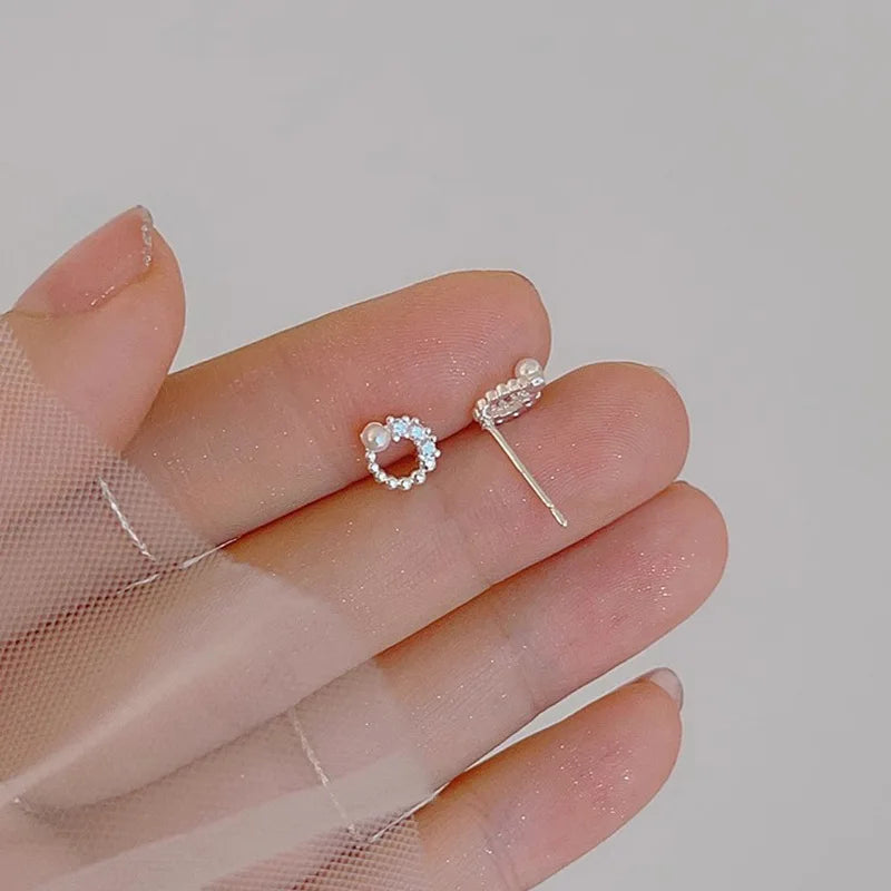 925 Sterling Silver Jewelry Unique Round Crystal Pearl Stud Earrings for Women Wedding Party Jewelry For Girls Friend Gift