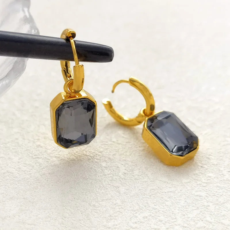 Stainless Steel High Quality Green Geometric Crystal Dangle Earrings for Women Retro Fashion Hoop Emerald Jewelry Accessory Gift