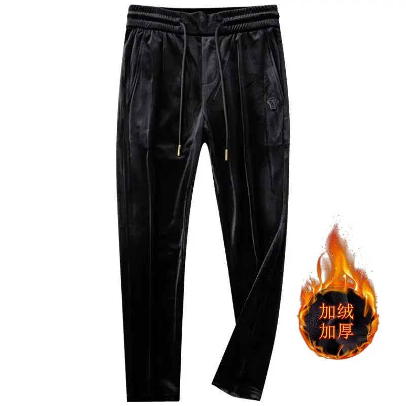 Fashion Autumn Winter Casual Pants Elastic Waistband Thicken Velvet for Men Loose Trousers Embroidery Stylish Gold Velvet Pants